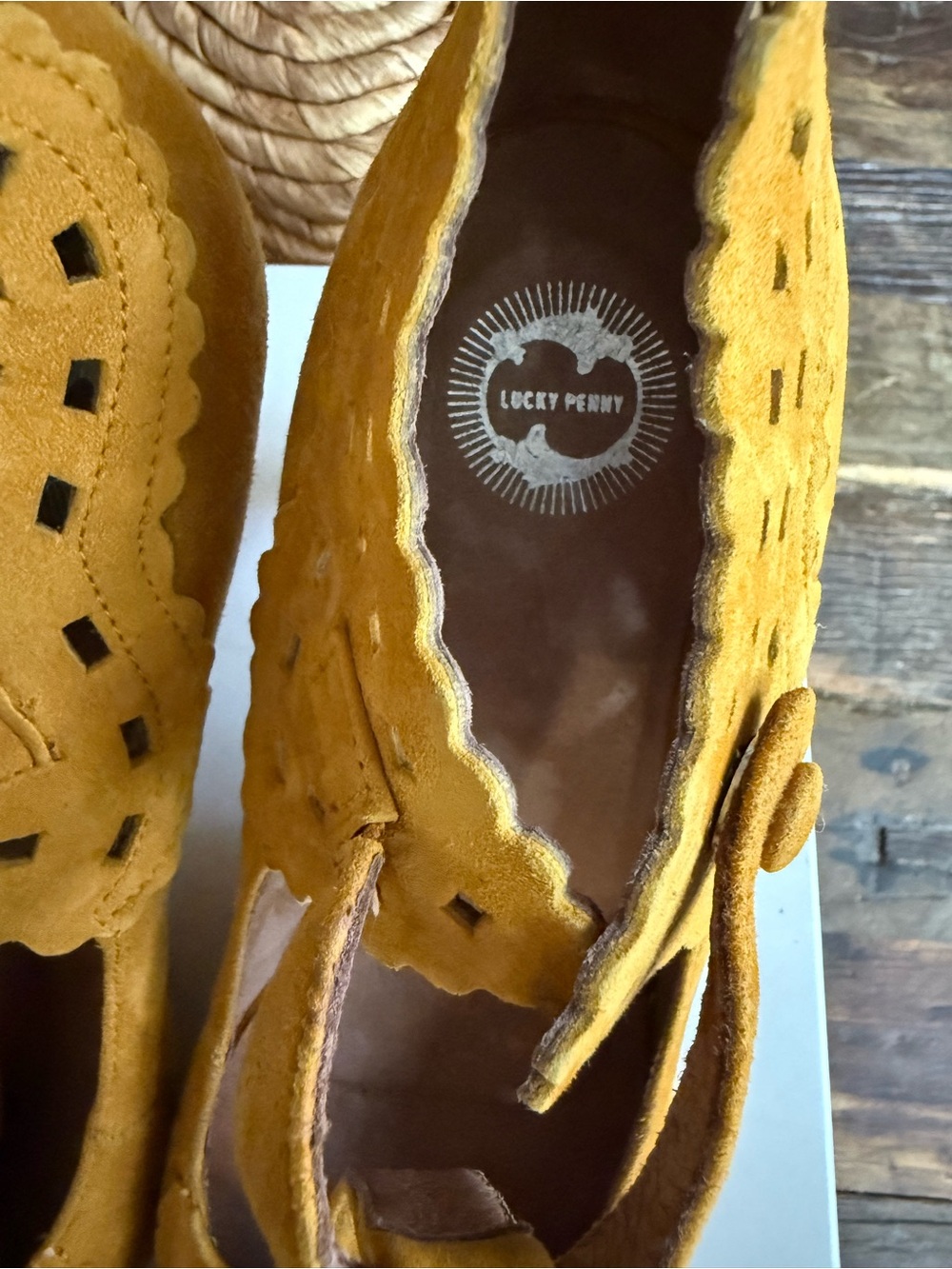 Anthropologie Lucky Penny Women's Mustard Suede Cutout Mary Jane Heels - Picture 7 of 7